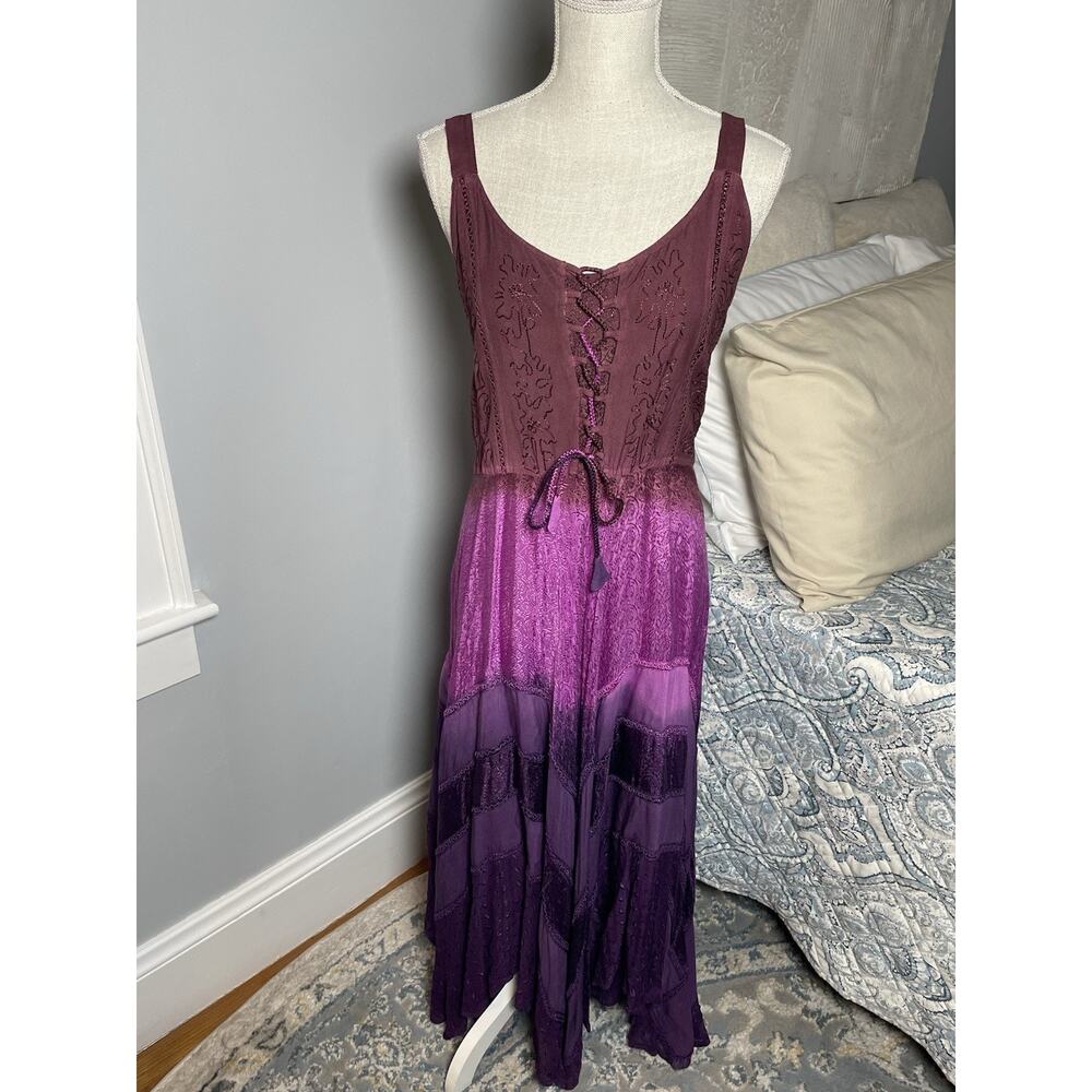 Lapogee Purple Ombre Lace Up Midi Dress Boho Fairy Cottagecore Womens